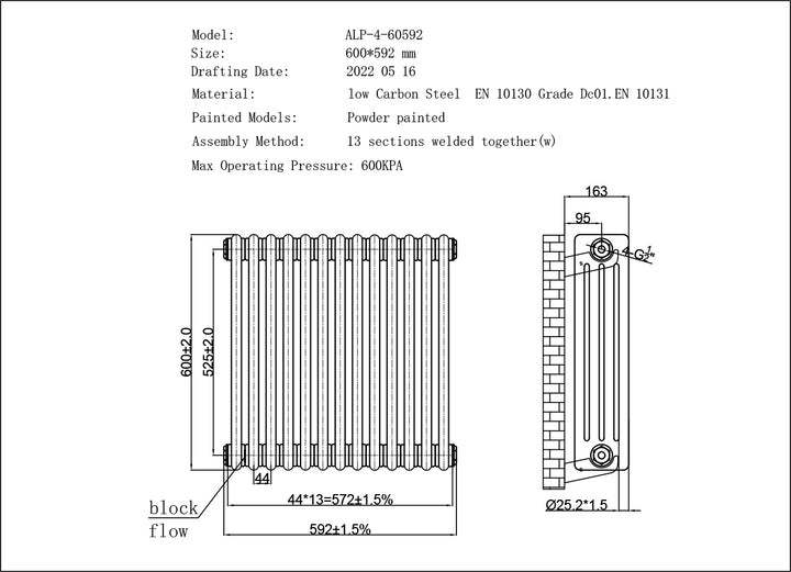 Alpha - Black Column Radiator H600mm x W592mm 4 Column