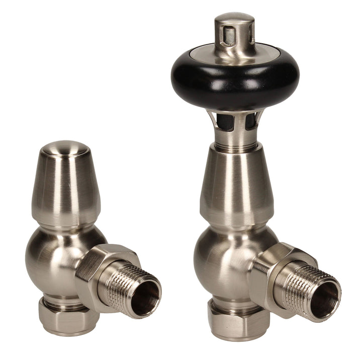 Bentley Tradtional - Silver Nickel Thermostatic Radiator Valve & Lockshield Angled 15mm