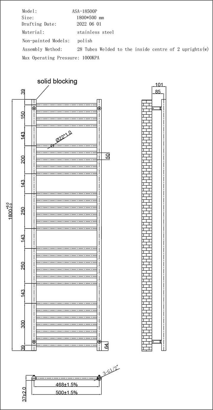Aston - Stainless Steel Heated Towel Rail - H1800mm x W500mm - Straight