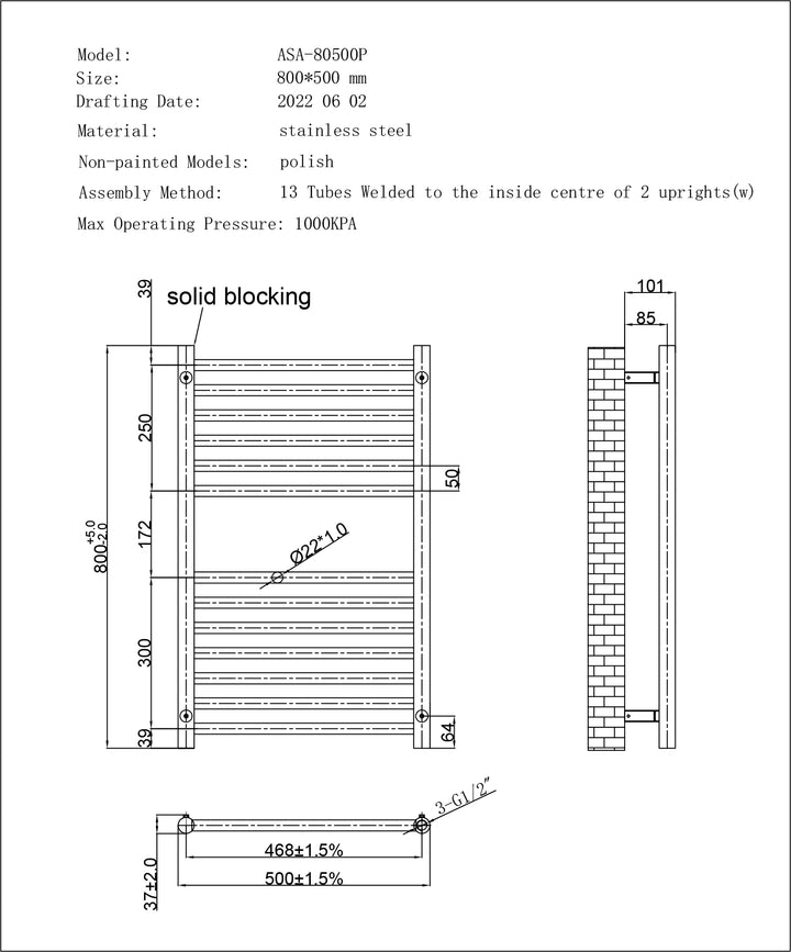 Aston - Stainless Steel Heated Towel Rail - H800mm x W500mm - Straight