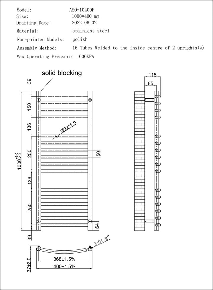 Aston - Stainless Steel Heated Towel Rail - H1000mm x W400mm - Curved