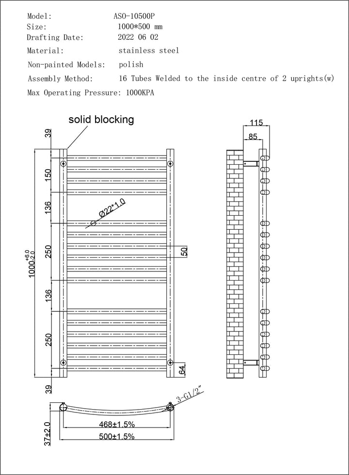 Aston - Stainless Steel Heated Towel Rail - H1000mm x W500mm - Curved