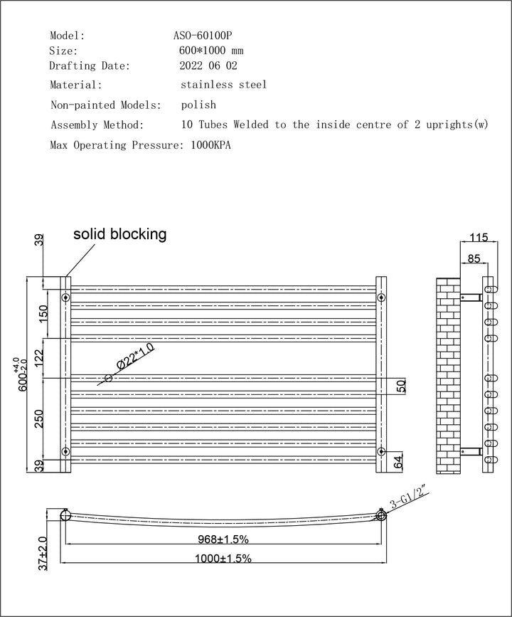 Aston - Stainless Steel Heated Towel Rail - H600mm x W1000mm - Curved