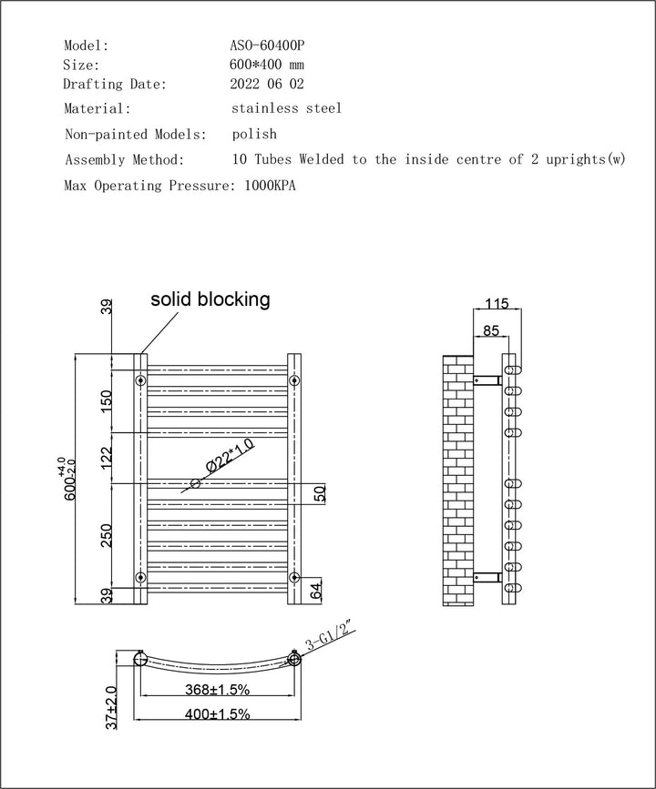 Aston - Stainless Steel Heated Towel Rail - H600mm x W400mm - Curved