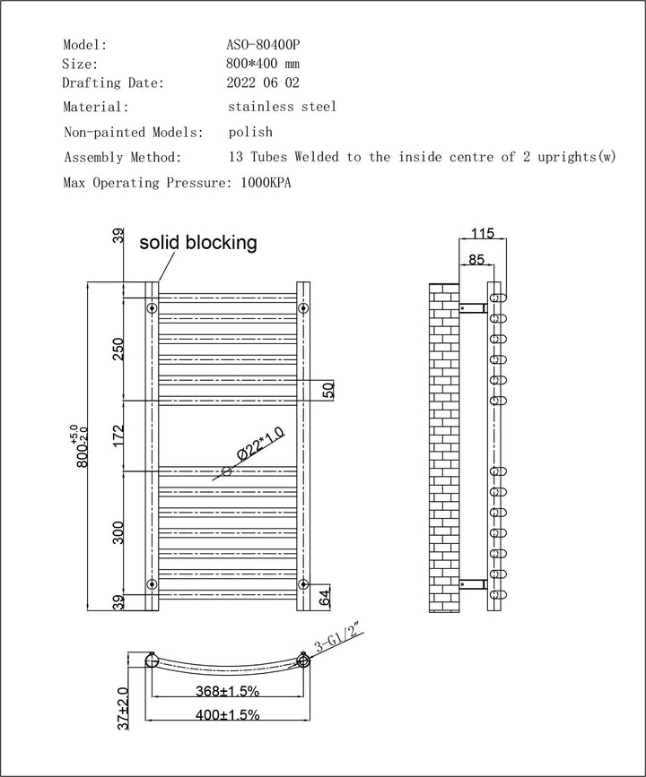 Aston - Stainless Steel Heated Towel Rail - H800mm x W400mm - Curved