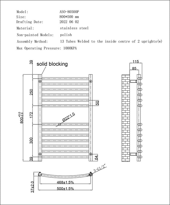 Aston - Stainless Steel Heated Towel Rail - H800mm x W500mm - Curved