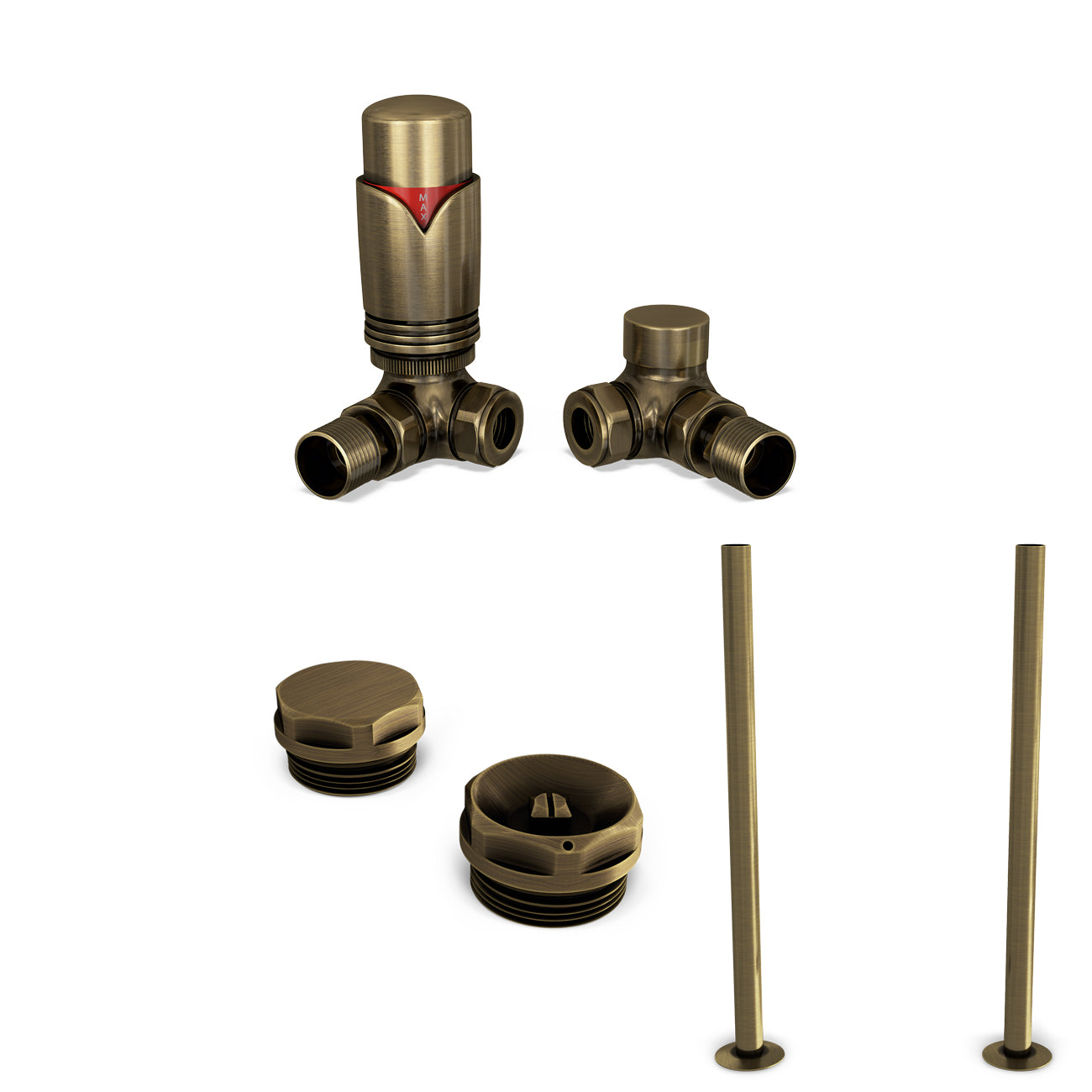 Derry Bold - Thermostatic Radiator Valve & Accessory Kit - Antique Brass Corner 15mm