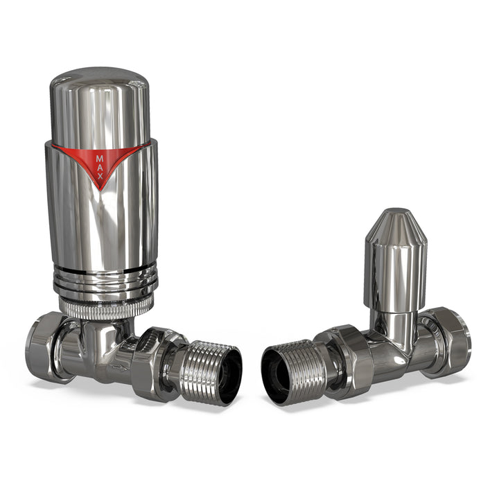 Derry Bold - Chrome Thermostatic Radiator Valve & Lockshield Straight 15mm