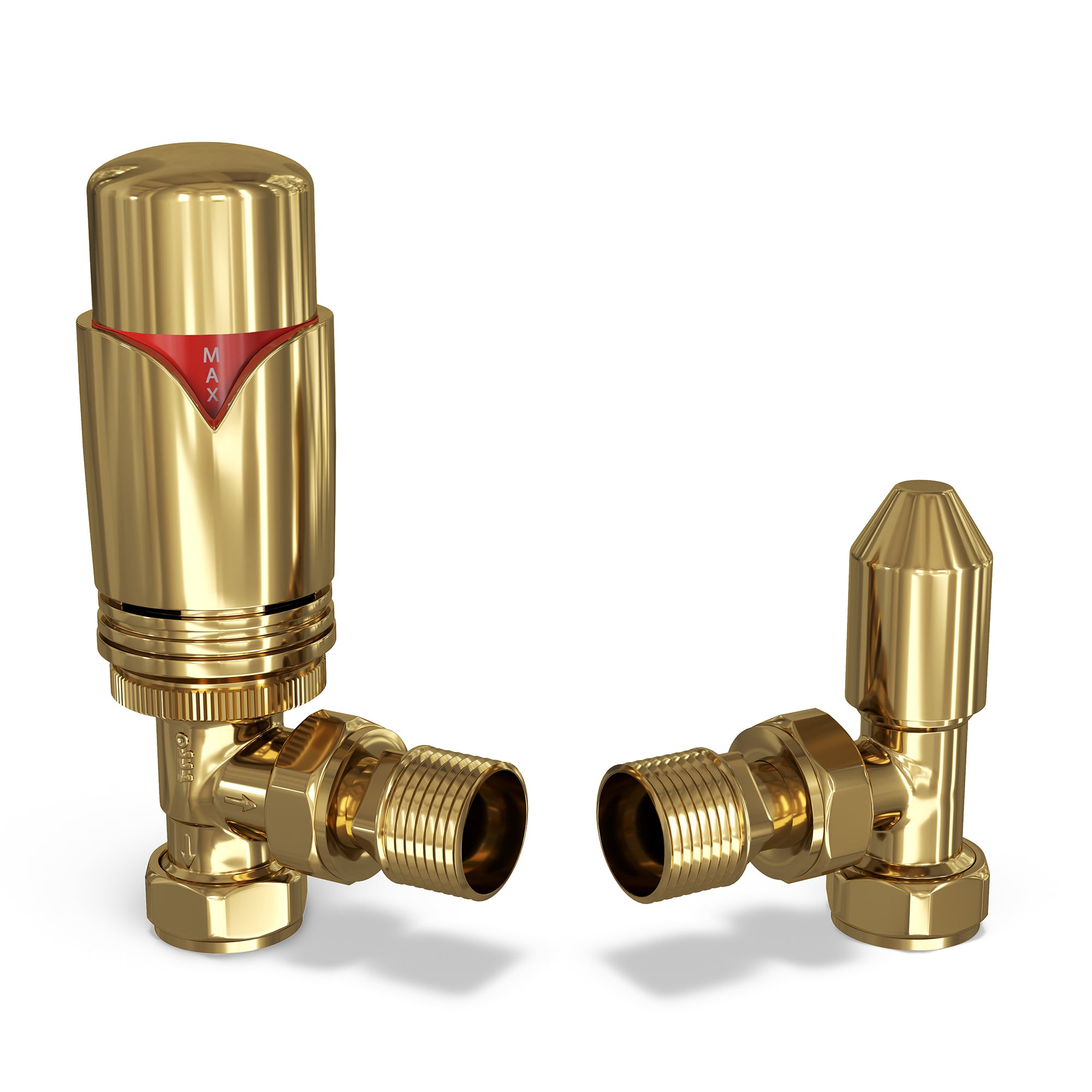 Stirling Bold - Polished Brass Thermostatic Radiator Valve & Lockshield Angled 8mm