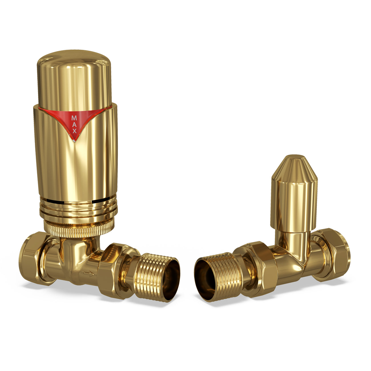 Derry Bold - Polished Brass Thermostatic Radiator Valve & Lockshield Straight 10mm