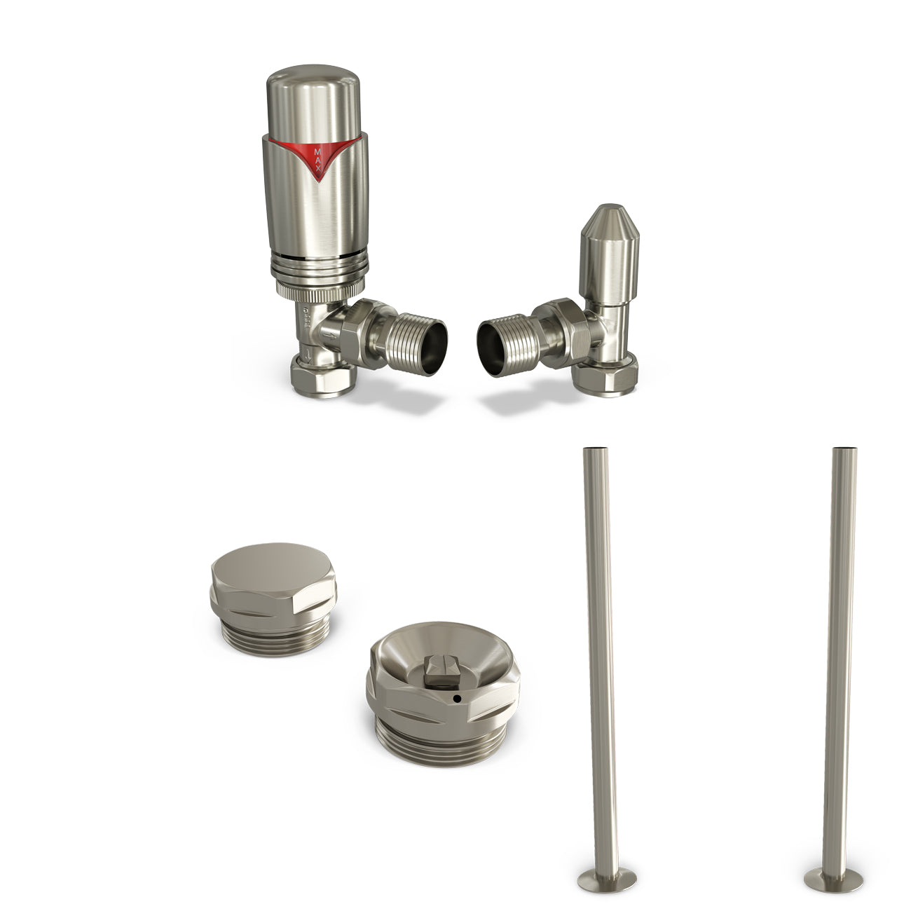 Derry Bold - Thermostatic Radiator Valve & Accessory Kit - Silver Nickel Angled 15mm