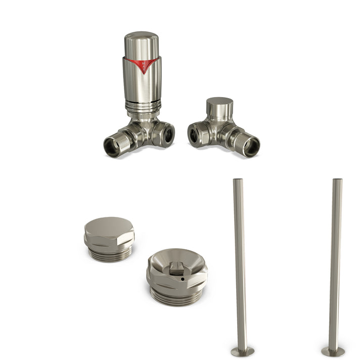 Derry Bold - Thermostatic Radiator Valve & Accessory Kit - Silver Nickel Corner 15mm