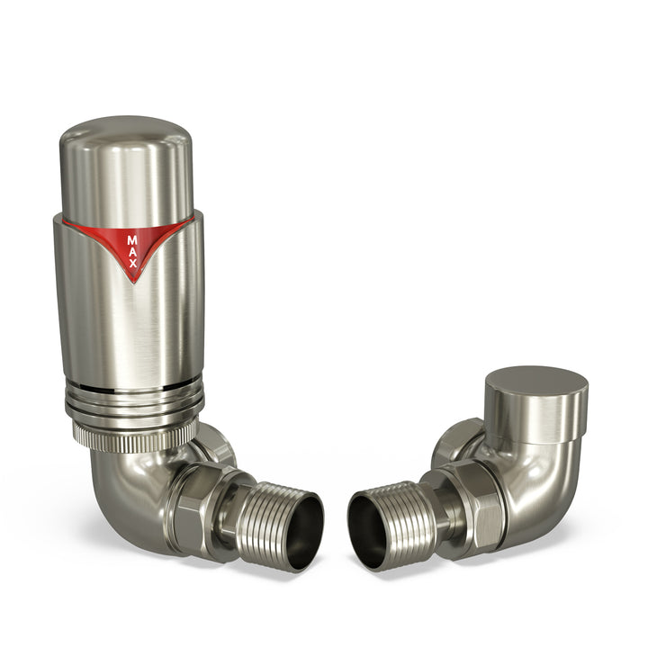 Derry Bold - Silver Nickel Thermostatic Radiator Valve & Lockshield Corner 8mm
