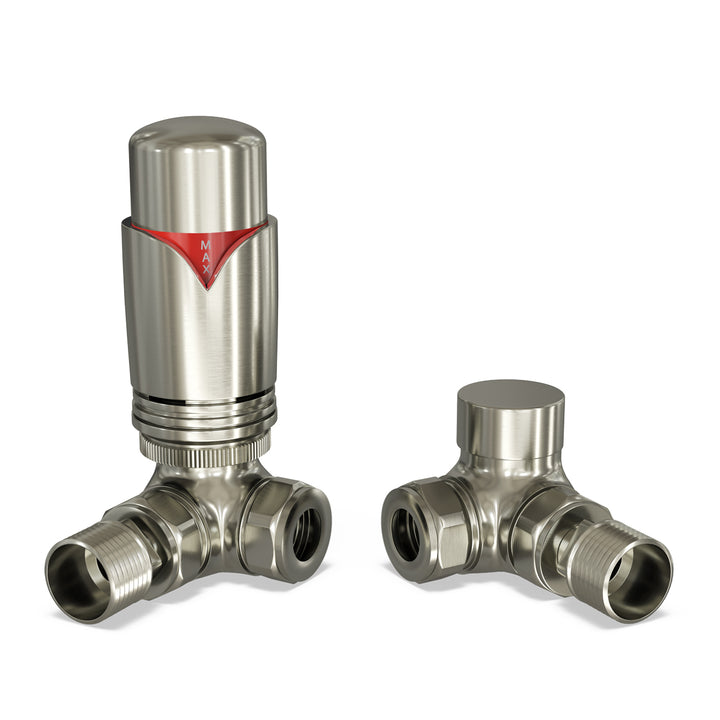 Derry Bold - Silver Nickel Thermostatic Radiator Valve & Lockshield Corner 15mm