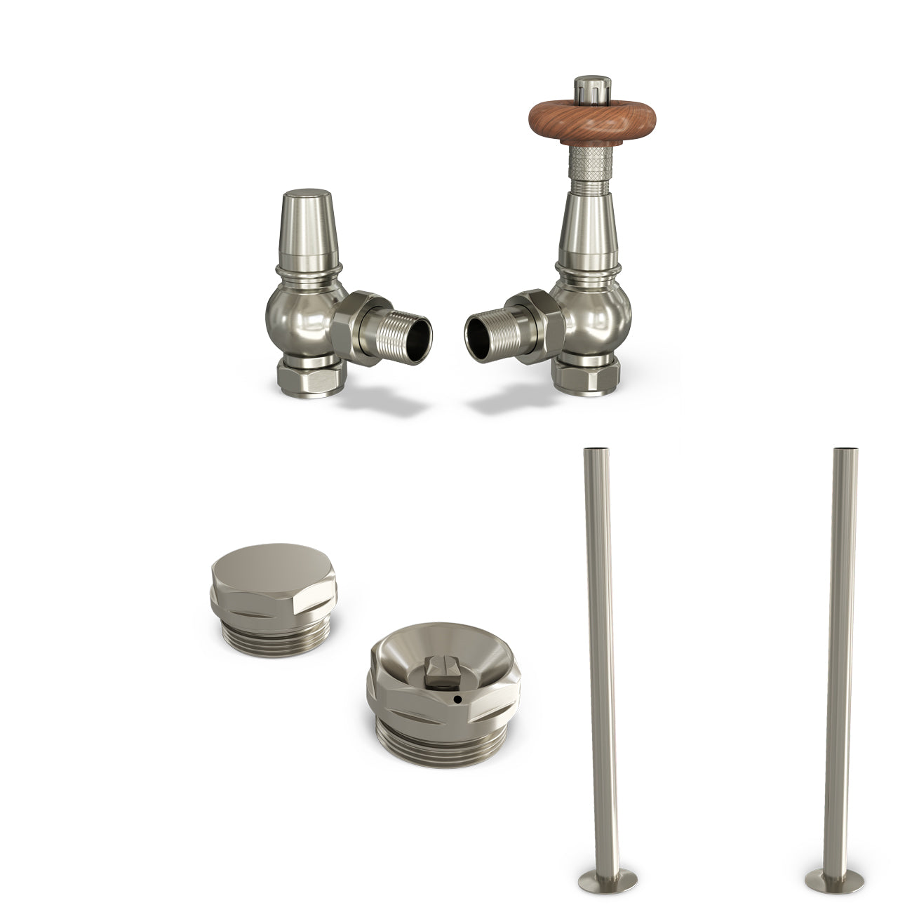 Derry Traditional - Silver Nickel Thermostatic Radiator Valve & Installation Kit Angled 15mm