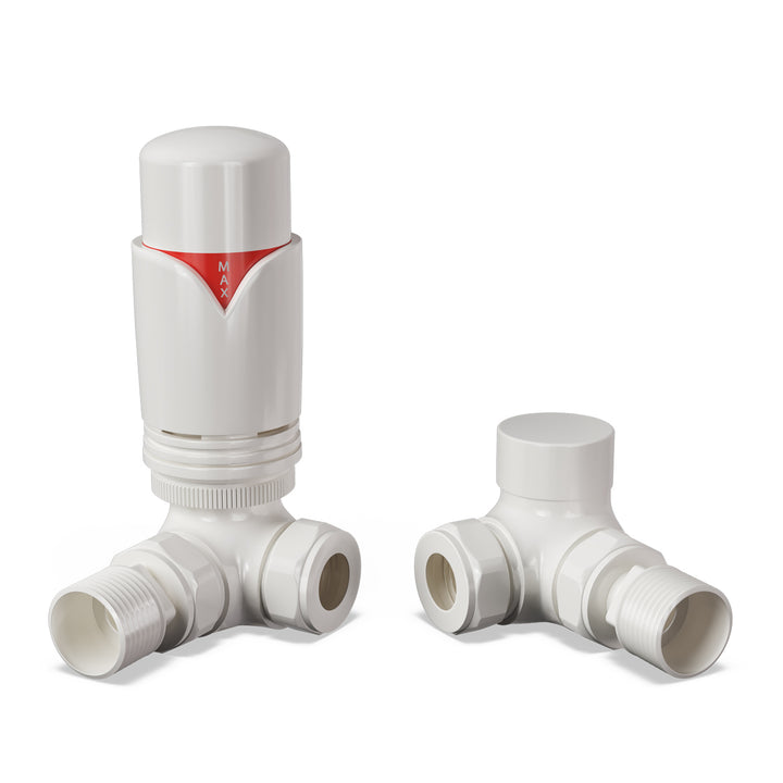 Derry Bold - White Thermostatic Radiator Valve & Lockshield Corner 8mm