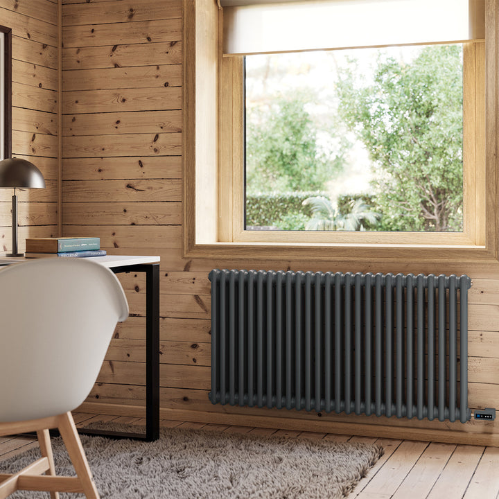 Alpha - Anthracite Column Electric Radiator H600mm x W1164mm 2 Column 1200w Thermostatic WIFI - Feet Included