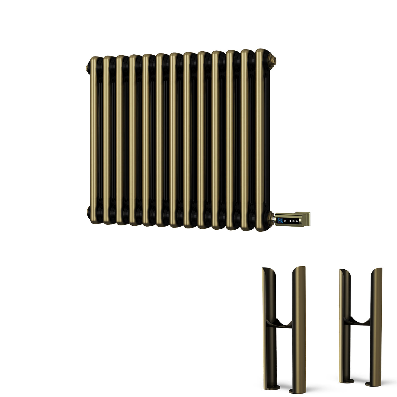 Alpha - Antique Brass Column Electric Radiator H500mm x W592mm 2 Column 300w Thermostatic WIFI - Feet Included