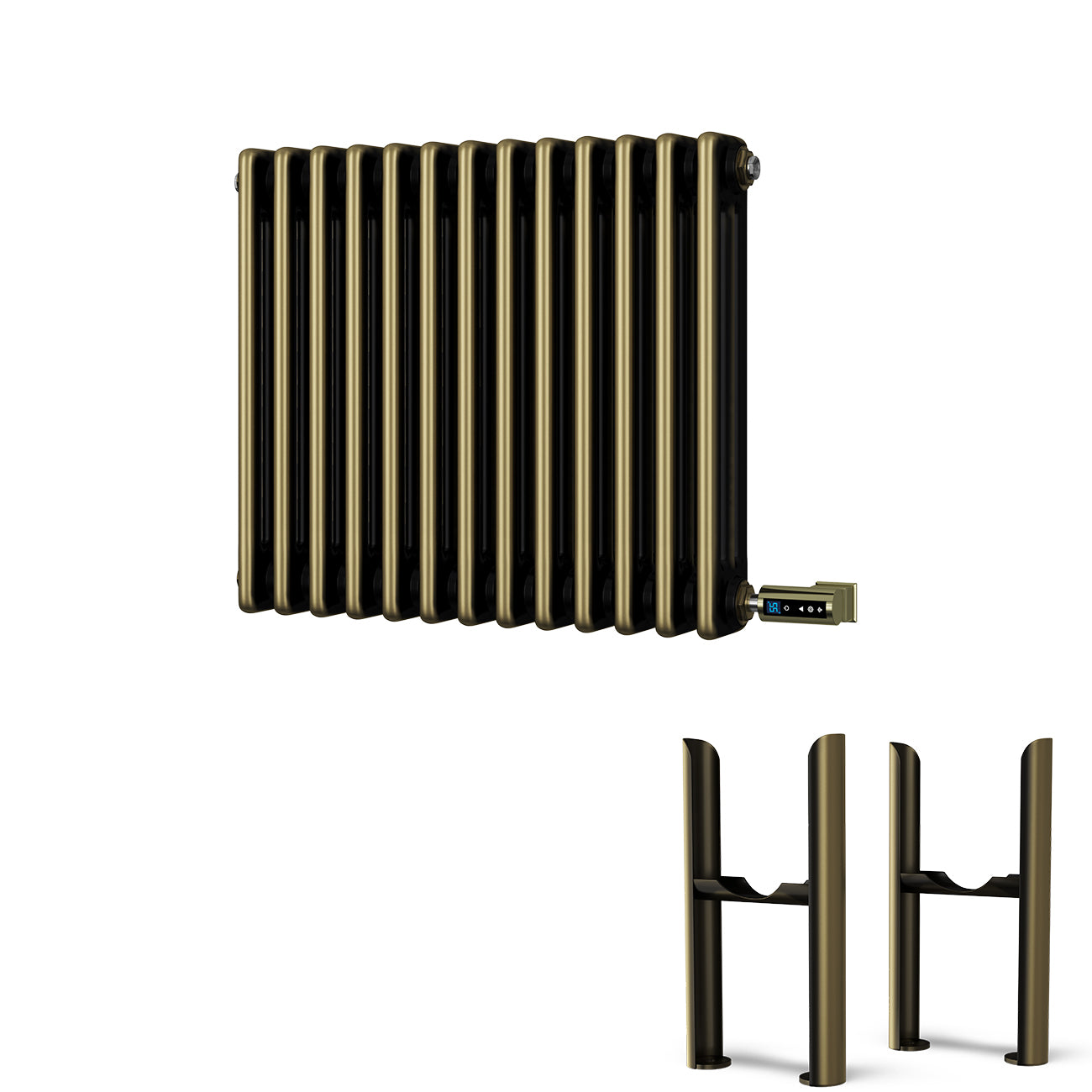 Alpha - Antique Brass Column Electric Radiator H500mm x W599mm 3 Column 600w Thermostatic WIFI - Feet Included