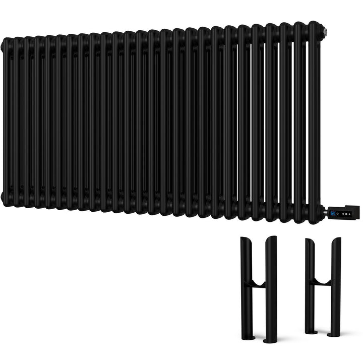 Alpha - Black Column Electric Radiator H600mm x W1164mm 2 Column 1200w Thermostatic WIFI - Feet Included