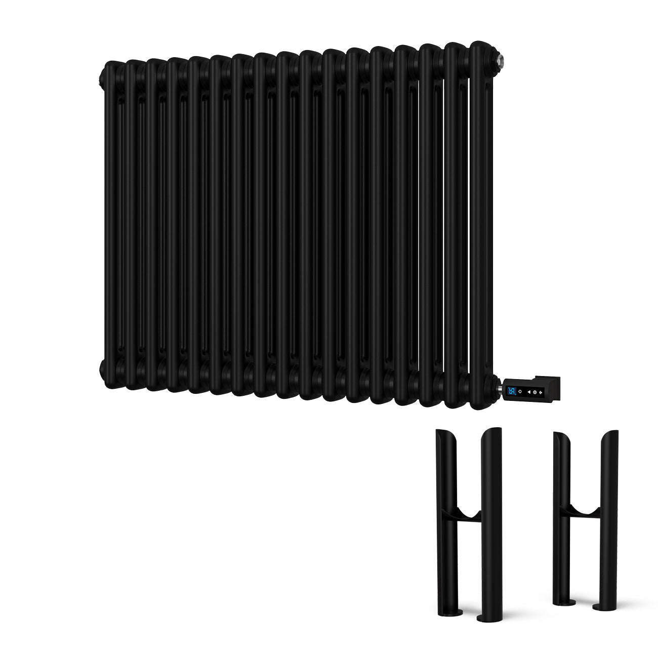 Alpha - Black Column Electric Radiator H600mm x W768mm 2 Column 700w Thermostatic WIFI - Feet Included