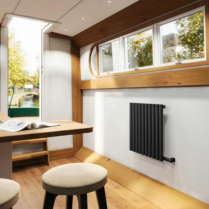 Omeara - Black Horizontal Electric Radiator H600mm x W580mm Single Panel 300w Thermostatic WIFI - Feet Included