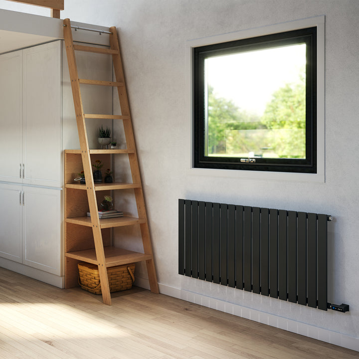Typhoon - Black Horizontal Electric Radiator H600mm x W1224mm Single Panel 900w Thermostatic WIFI - Feet Included
