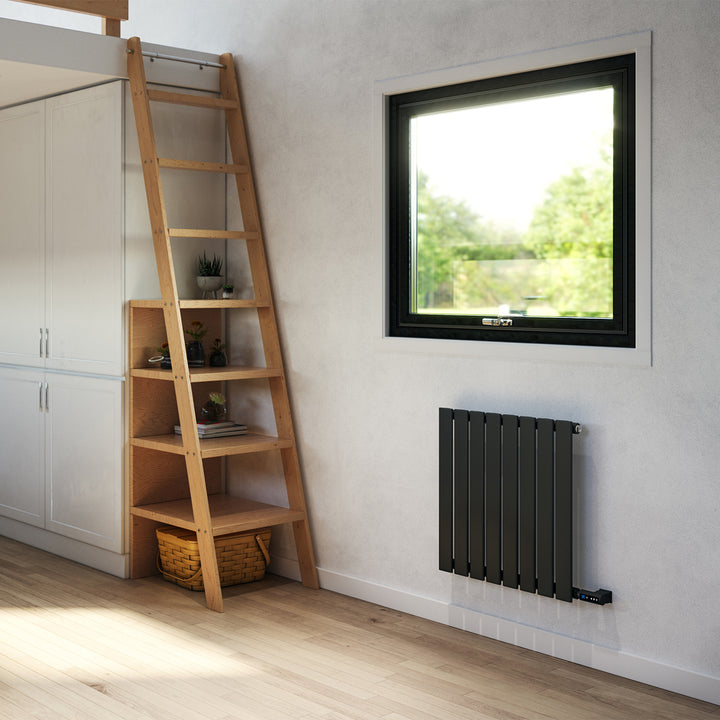 Typhoon - Black Horizontal Electric Radiator H600mm x W544mm Single Panel 300w Thermostatic WIFI - Feet Included