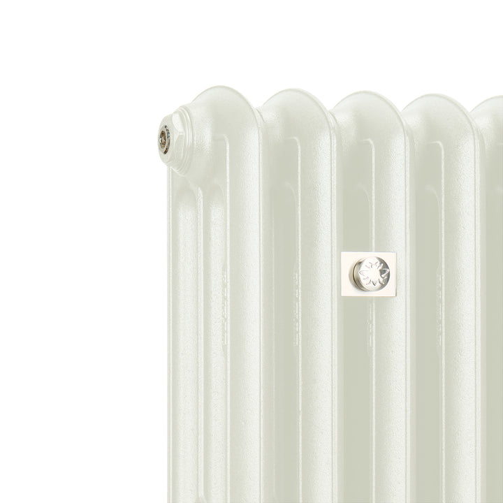 Emmeline Chalk White 3 column cast iron column radiator, angled side view showing the column depth and sectional detailing