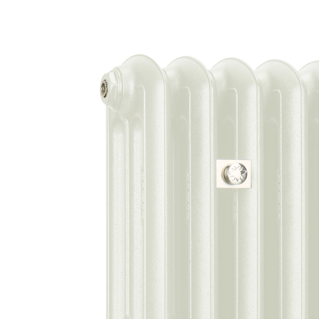 Emmeline Chalk White 3 column cast iron column radiator, angled side view showing the column depth and sectional detailing