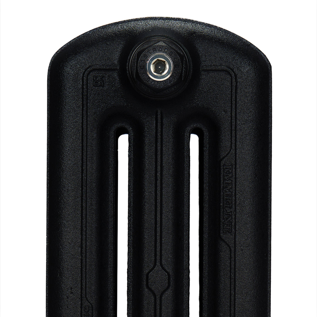Emmeline Matt Black 3 column cast iron radiator, alternative product view highlighting the column contours, joined sections and traditional cast iron detailing