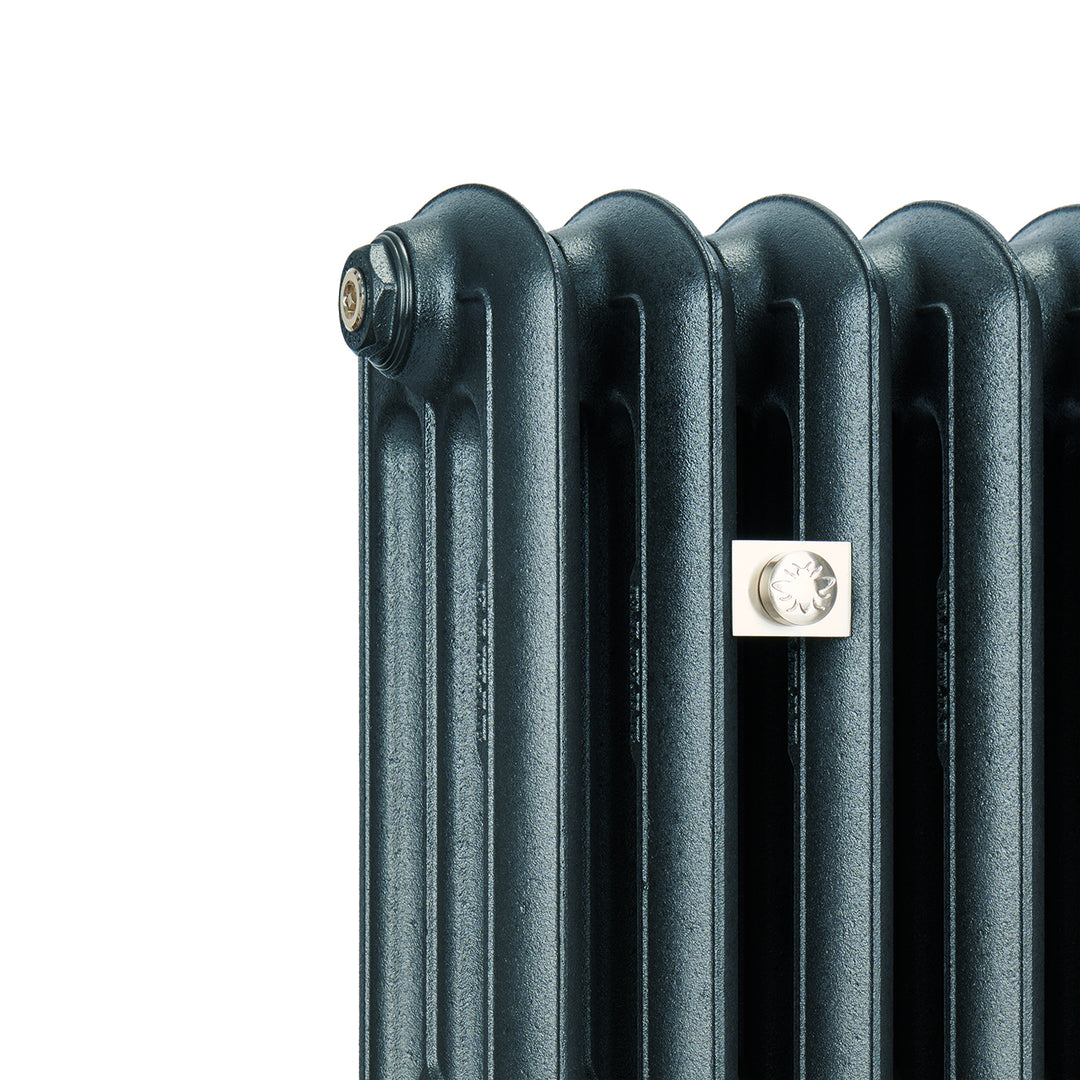 Emmeline Midnight Ink 3 column cast iron column radiator, angled side view showing the column depth and sectional detailing