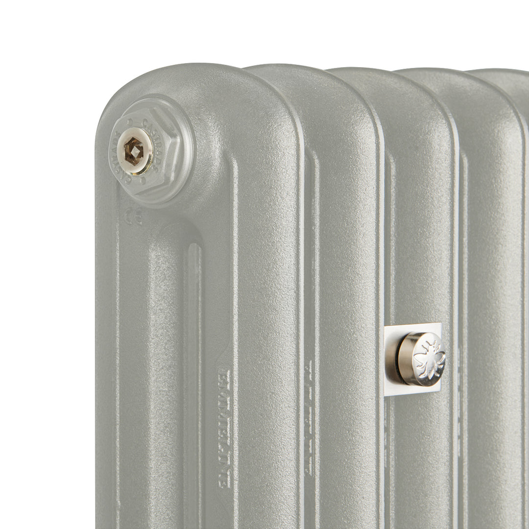 Emmeline Pebble Grey 2 column cast iron column radiator, angled side view showing the column depth and sectional detailing
