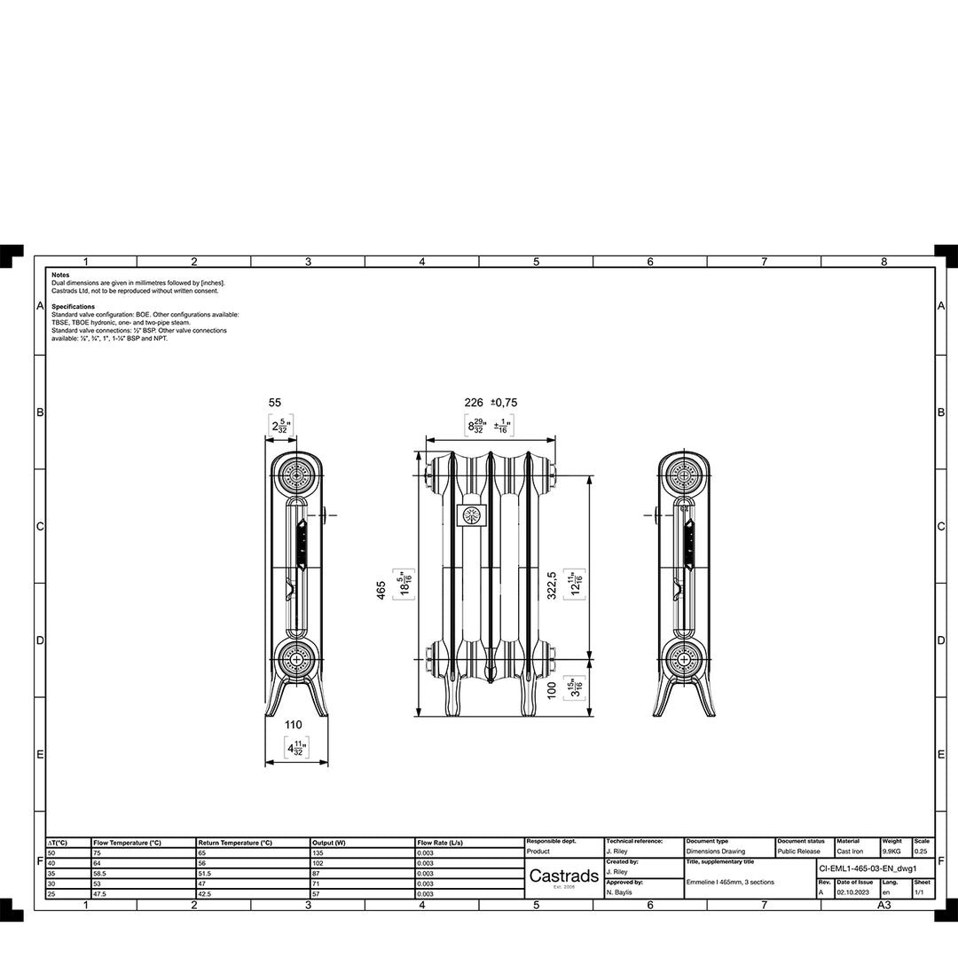 Emmeline 465mm high x 230mm wide 1 column floor standing cast iron column radiator technical drawing showing dimensions, installation measurements and specifications.