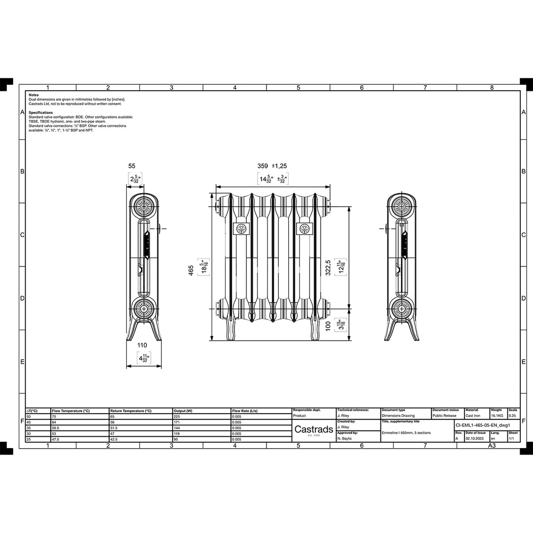 Emmeline 465mm high x 363mm wide 1 column floor standing cast iron column radiator technical drawing showing dimensions, installation measurements and specifications.