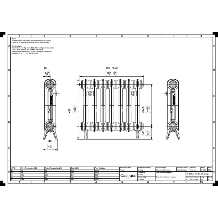 Emmeline 465mm high x 496mm wide 1 column floor standing cast iron column radiator technical drawing showing dimensions, installation measurements and specifications.