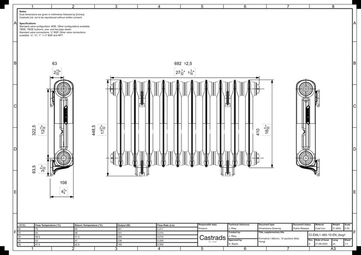 Emmeline I - Ceramic White Cast Iron Column Radiator H407mm x W695mm 1 Column - Wall Hung