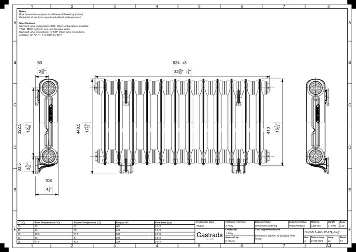 Emmeline I - Ceramic White Cast Iron Column Radiator H407mm x W828mm 1 Column - Wall Hung