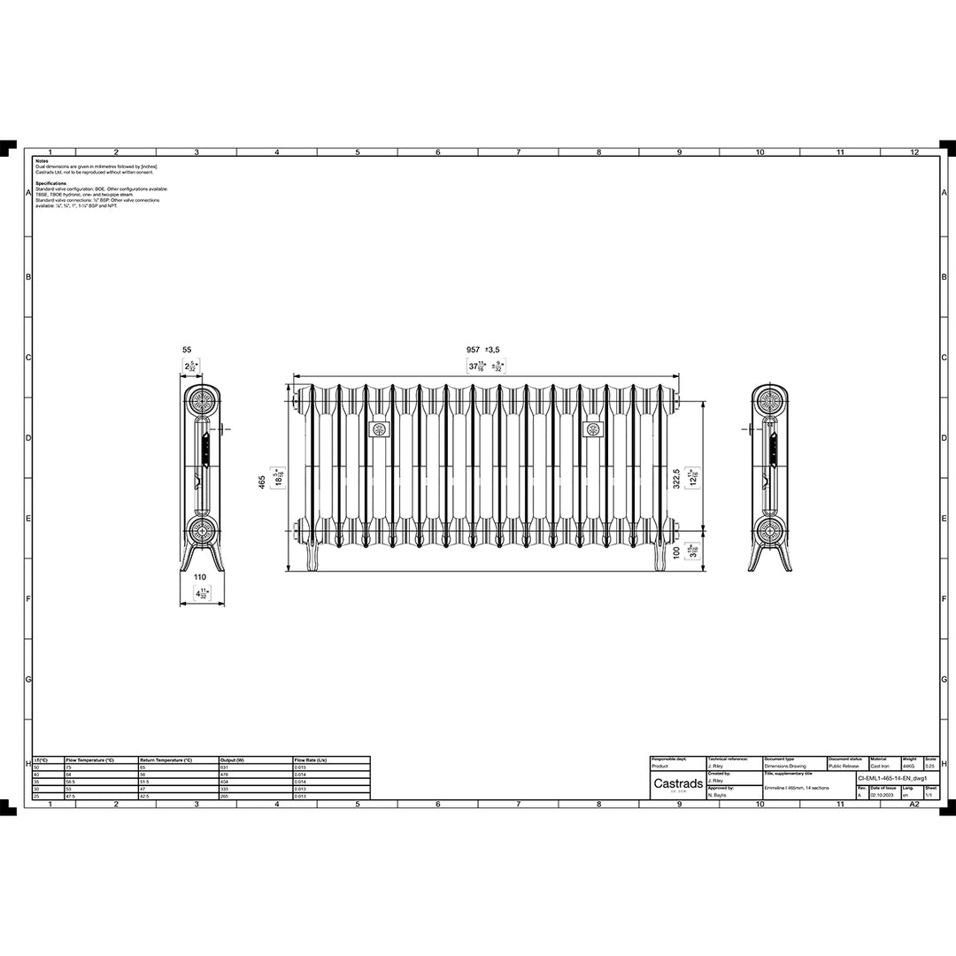 Emmeline 465mm high x 961mm wide 1 column floor standing cast iron column radiator technical drawing showing dimensions, installation measurements and specifications.