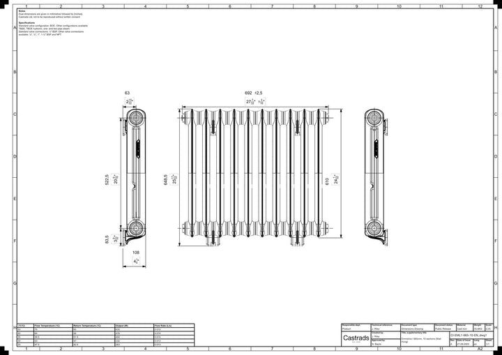 Emmeline I - Ceramic White Cast Iron Column Radiator H607mm x W695mm 1 Column - Wall Hung