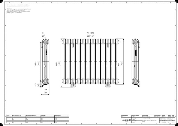 Emmeline I - Ceramic White Cast Iron Column Radiator H607mm x W762mm 1 Column - Wall Hung