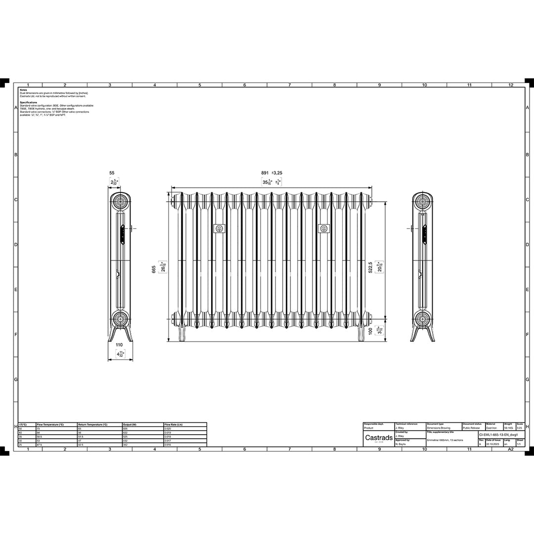 Emmeline 665mm high x 895mm wide 1 column floor standing cast iron column radiator technical drawing showing dimensions, installation measurements and specifications.