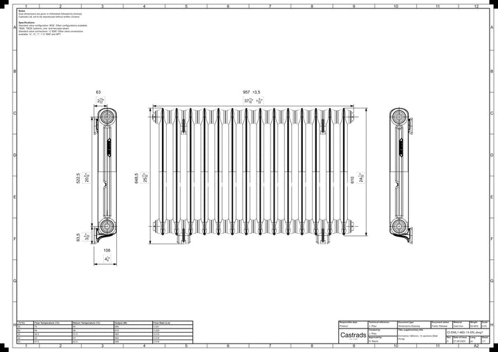 Emmeline I - Ceramic White Cast Iron Column Radiator H607mm x W961mm 1 Column - Wall Hung