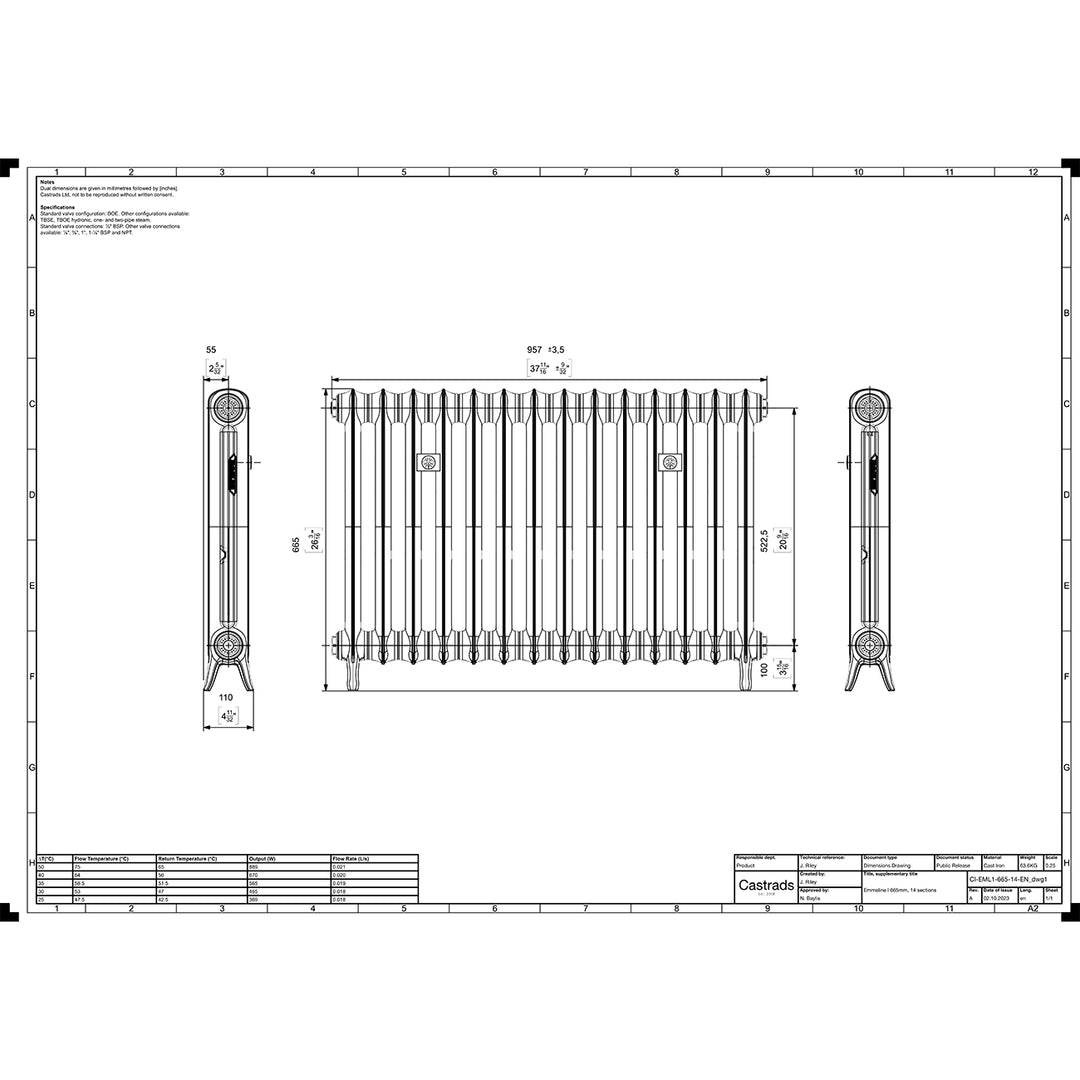 Emmeline 665mm high x 961mm wide 1 column floor standing cast iron column radiator technical drawing showing dimensions, installation measurements and specifications.