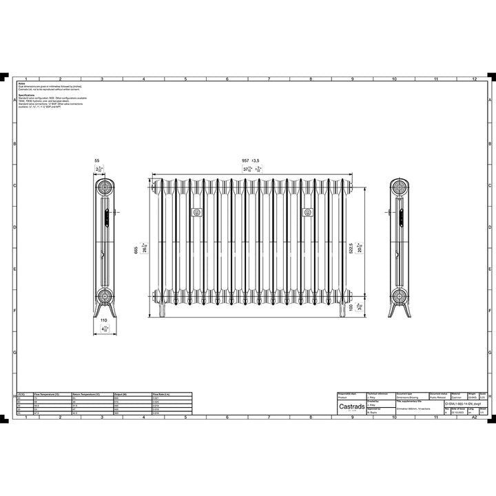 Emmeline 665mm high x 961mm wide 1 column floor standing cast iron column radiator technical drawing showing dimensions, installation measurements and specifications.