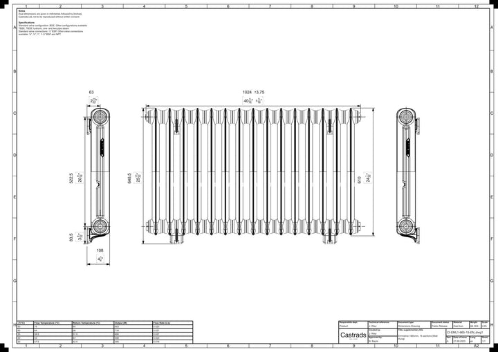 Emmeline I - Ceramic White Cast Iron Column Radiator H607mm x W1028mm 1 Column - Wall Hung