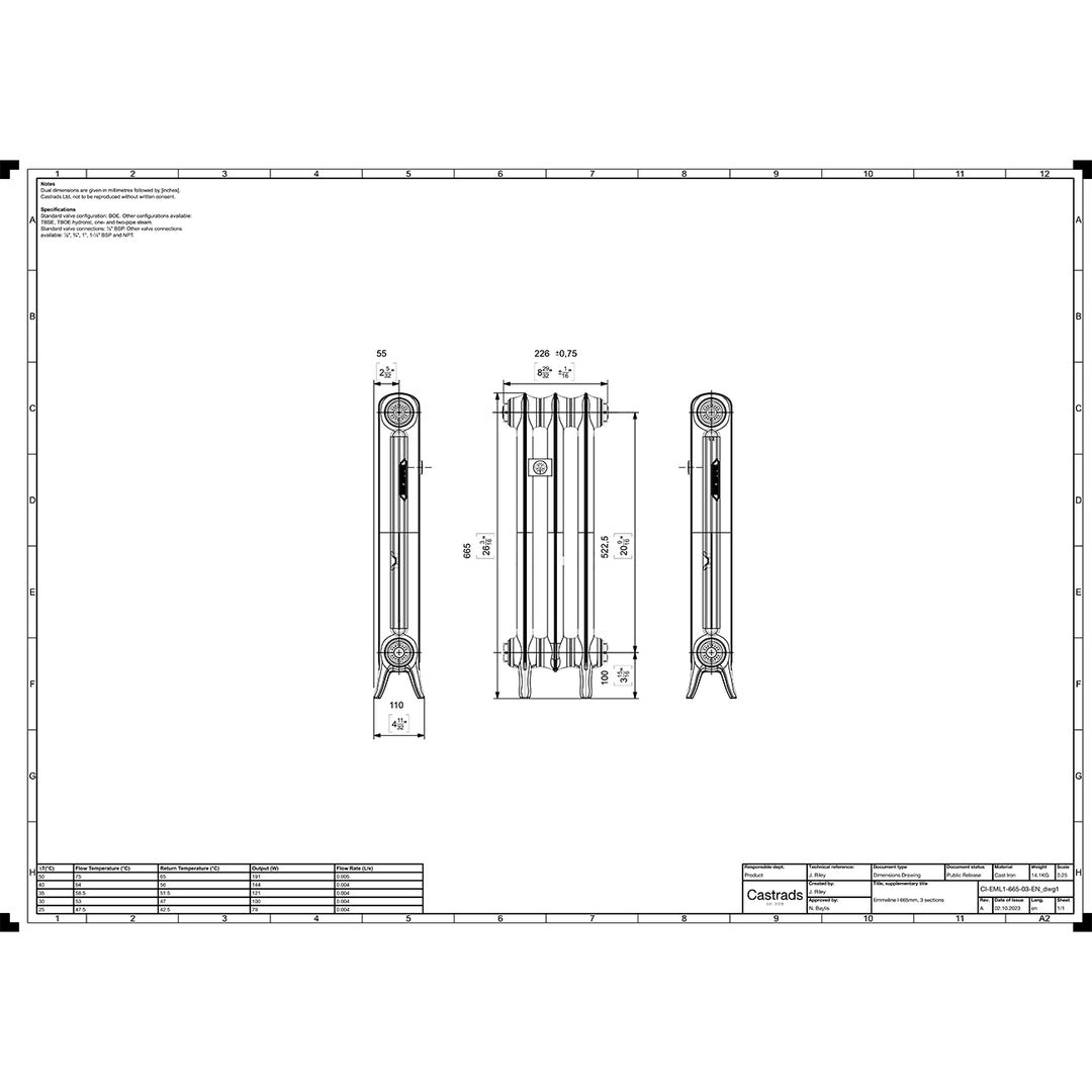 Emmeline 665mm high x 230mm wide 1 column floor standing cast iron column radiator technical drawing showing dimensions, installation measurements and specifications.