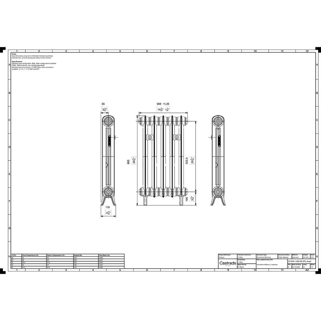 Emmeline 665mm high x 363mm wide 1 column floor standing cast iron column radiator technical drawing showing dimensions, installation measurements and specifications.