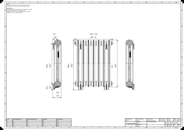 Emmeline I - Ceramic White Cast Iron Column Radiator H607mm x W496mm 1 Column - Wall Hung