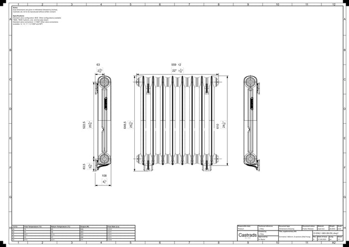 Emmeline I - Ceramic White Cast Iron Column Radiator H607mm x W562mm 1 Column - Wall Hung